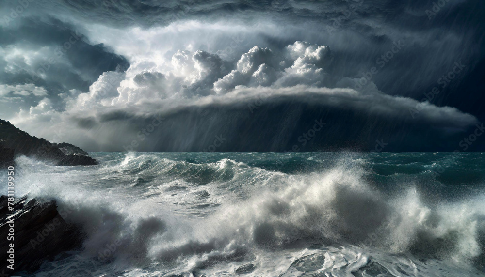 Great hurricane over a stormy sea with large waves crashing on the rocky coast. Generative Ai.