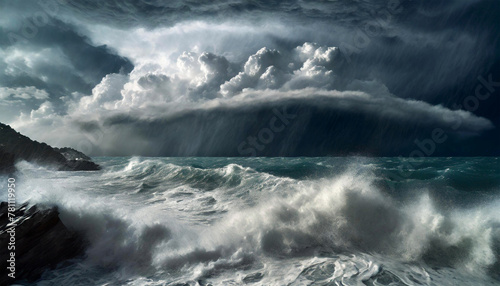 Great hurricane over a stormy sea with large waves crashing on the rocky coast. Generative Ai. © Alberto Masnovo