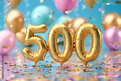 Helium golden balloons of number 500. Celebration of five hundred followers or likes in social media concept