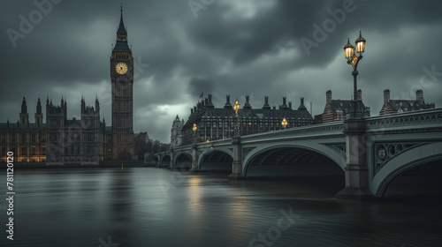 A clock tower looms in the background as a bridge spans over the tranquil water  creating a picturesque cityscape against the dusky sky