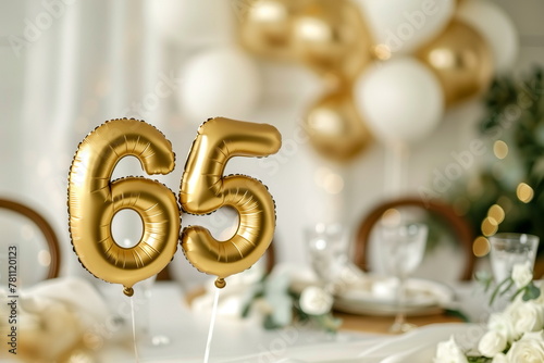 Golden helium floating balloons made in shape of number sixty-five. Birthday jubilee party or wedding anniversary for 65 years celebration. Elegant white decorations	