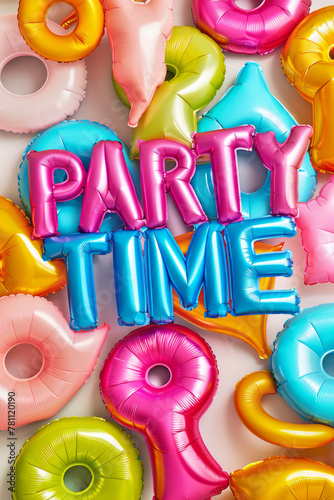 Party time text in colorful balloon design