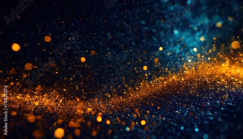 particules scintillantes et brillantes volant sur fond sombre bleu nuit lumiere orangee paillettes dorees et flou fond pour banniere conception et creation graphique photo