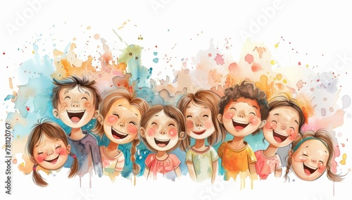Cheerful Children in Splashes of Watercolor: Expressive Young Faces Immersed in Artistic Creativity