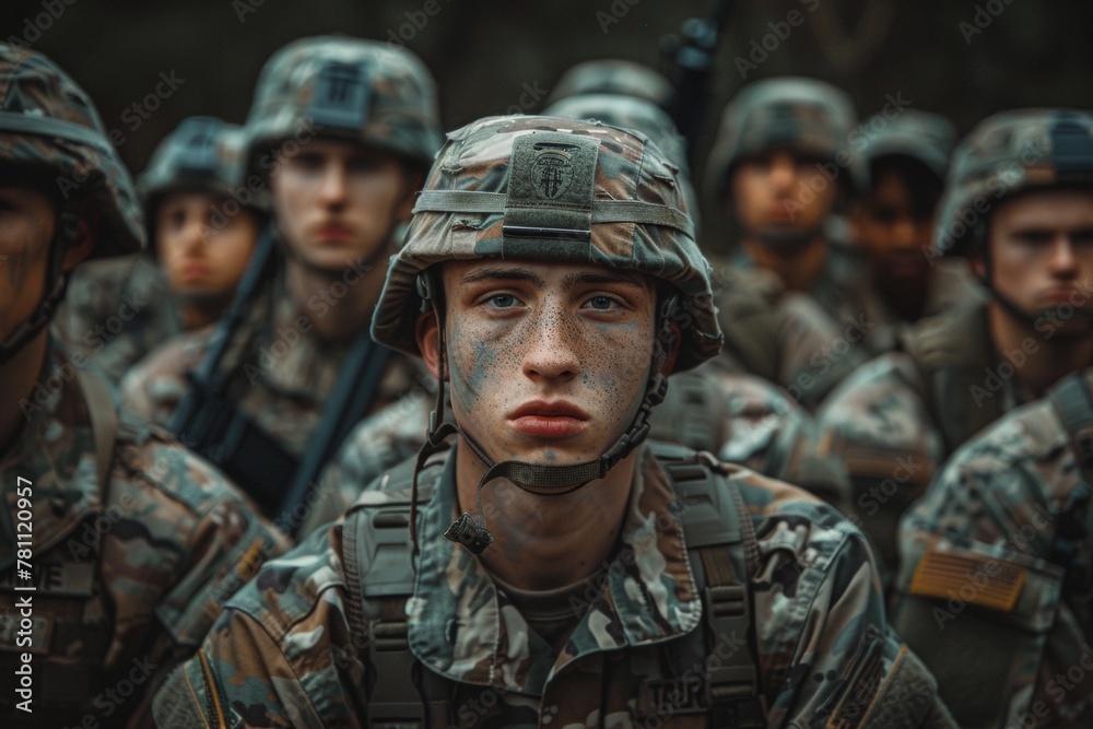 Focused Young Soldier with Freckles Standing Out in Military Formation During a Briefing
