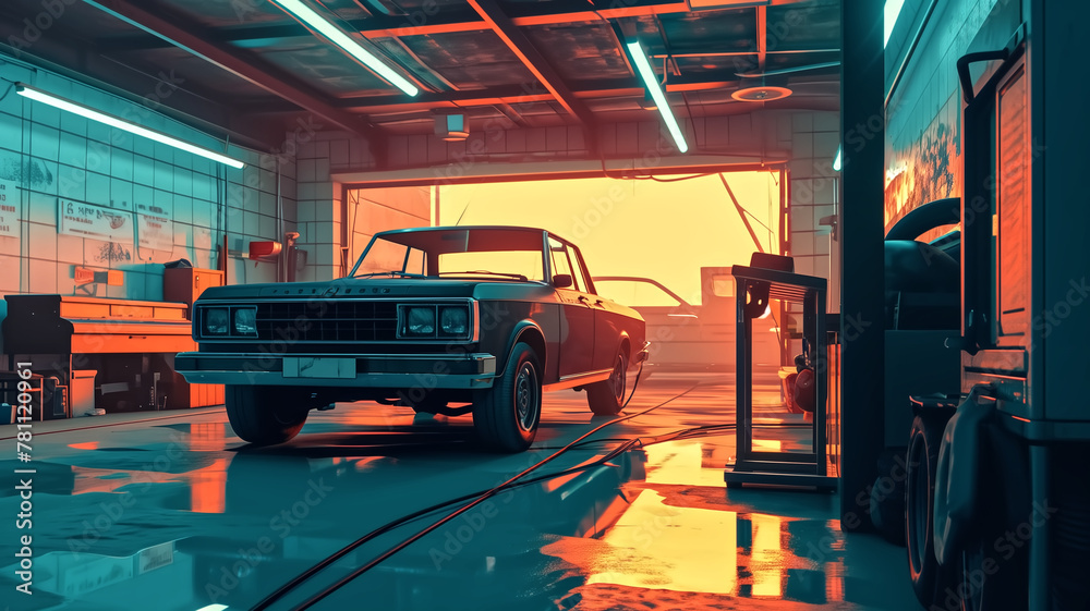 Vintage car in a garage with a sunset view through the doorway. Digital art with a retro-futuristic aesthetic for themes of nostalgia and classic automotive culture.