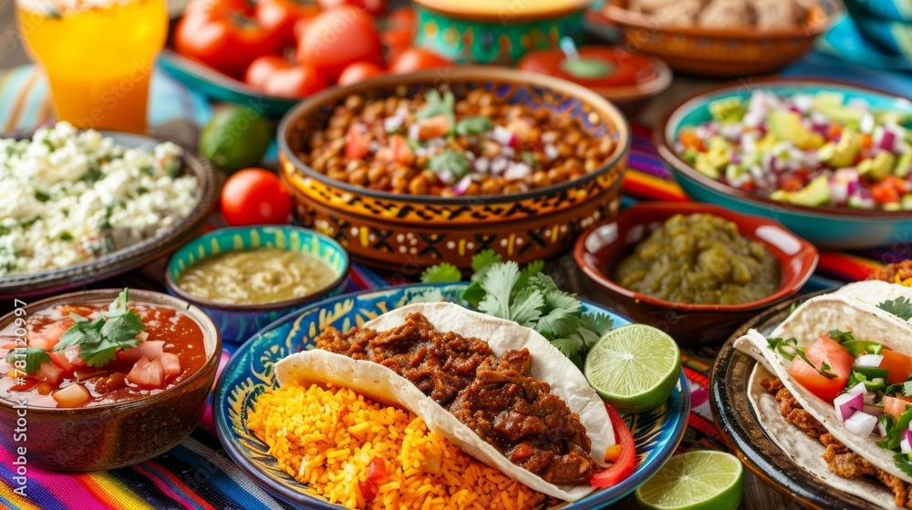 Diverse Mexican Cuisine Spread on Blue Textured Surface with Hands Sharing the Meal Diverse Mexican Cuisine Spread on Blue Textured Surface with Hands Sharing the Meal