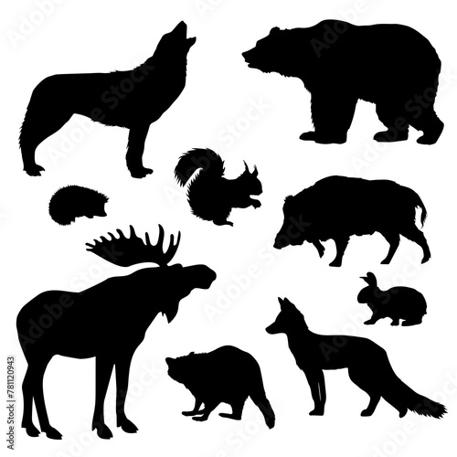 Canvas Print A black and white set of wild animals. silhouettes