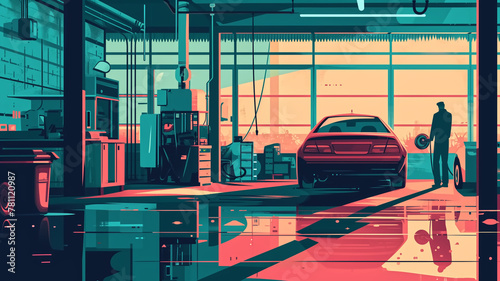 Modern car in an auto repair shop with mechanic silhouette, featuring a teal and coral color palette. Digital illustration suitable for automotive service and lifestyle themes.