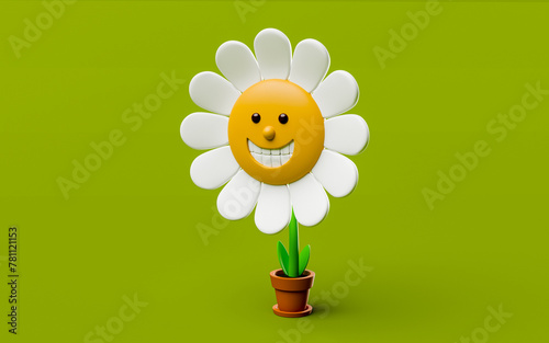 Cute smiling cartoon flower in a pot on green background