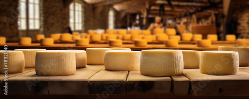 Hard ripened cheese in a dairy store ready to be sold, organic food, panoramic view, generated ai