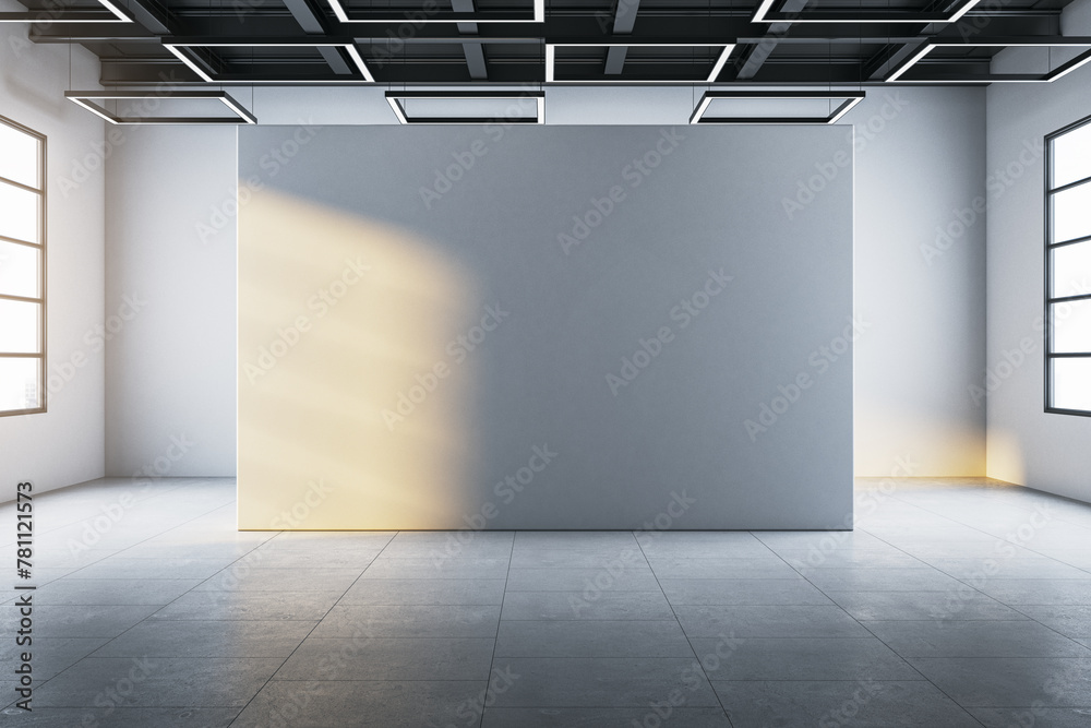 Bright empty concrete interior with mock up place on wall, panoramic windows and daylight. 3D Rendering. - obrazy, fototapety, plakaty 