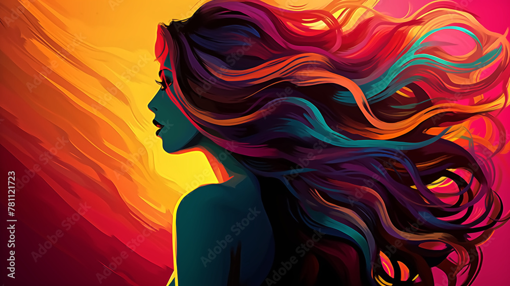 Profile of a woman with vibrant, flowing hair in multicolor against a sunset background. Digital art with abstract and beauty themes, suitable for design and print.