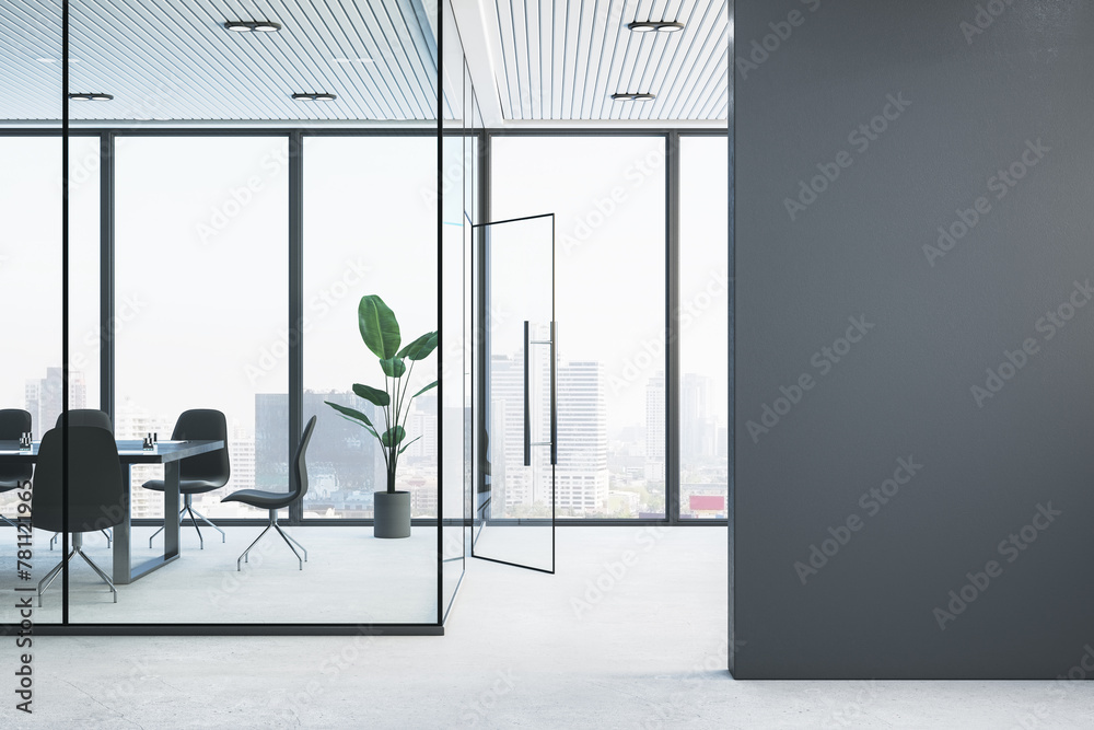 Obraz premium Modern glass conference room interior with empty mock up place on wall, furniture and panoramic window with city view and daylight. 3D Rendering.