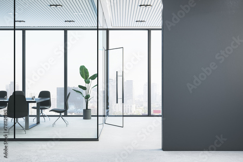 Modern glass conference room interior with empty mock up place on wall, furniture and panoramic window with city view and daylight. 3D Rendering.