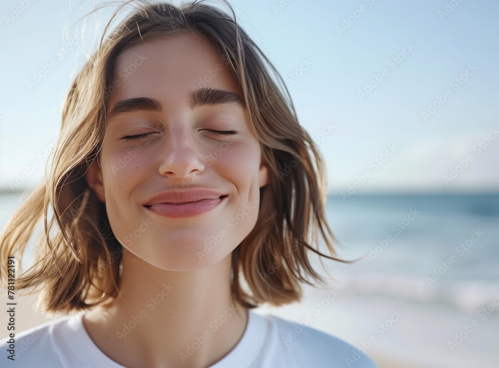 Close-up portrait of a beautiful woman with closed eyes and shoulder-length brown hair wearing a white t-shirt standing on the beach, copy space for text stock photo Close-up portrait of a beautiful woman with closed eyes and shoulder-length brown hair wearing a white t-shirt standing on the beach, copy space for text stock photo