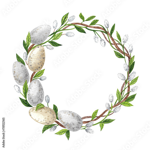Easter wreath with easter eggs hand drawn on white background. Decorative doodle frame from Easter eggs and floral elements.