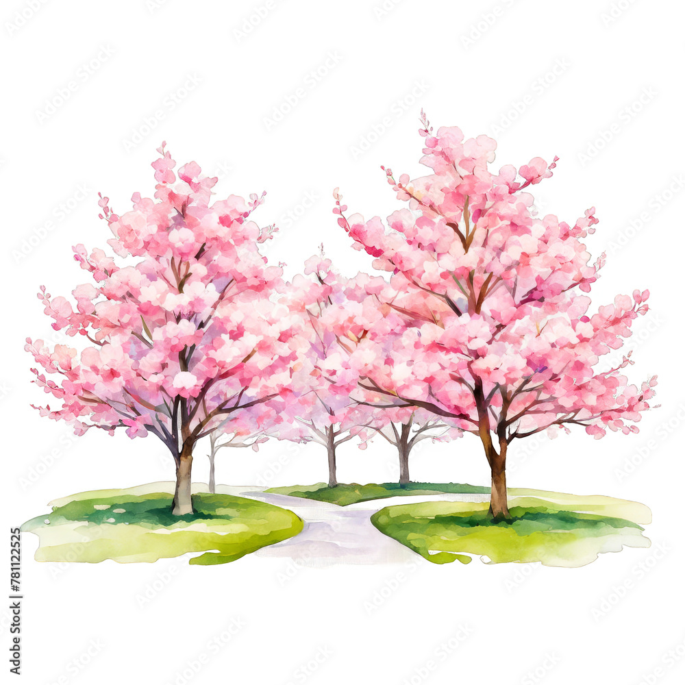 Cherry blossoms park, trees, mountains, watercolor illustration, pink, meadow, nature, environment conservation concept, isolated