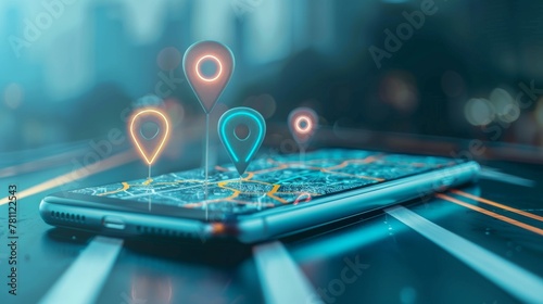 3D Map pins, GPS, navigator pin checking points, 3D World Map icon, technology and application mobile smart phone with mobile, delivery tracking, transportation concept. Smartphone with map icon. photo