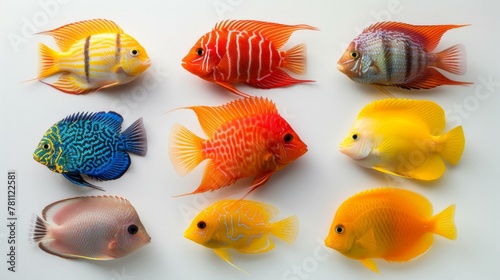 Assortment of colorful fish, from tropical to temperate species, displayed on a crisp white background, AI Generative