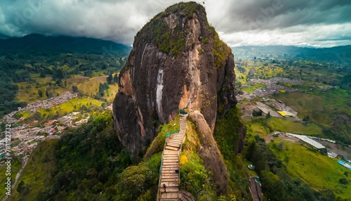 aerial view of piedra del penol touristic attraction a huge rock with steps to the top near guatape town antioquia colombia photo