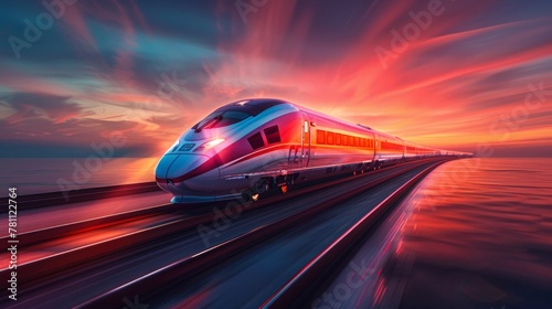 futuristic high-speed train navigating through diverse terrains, emblematic of modern and future transportation, crossing countries on an industrialist's railway, AI Generative