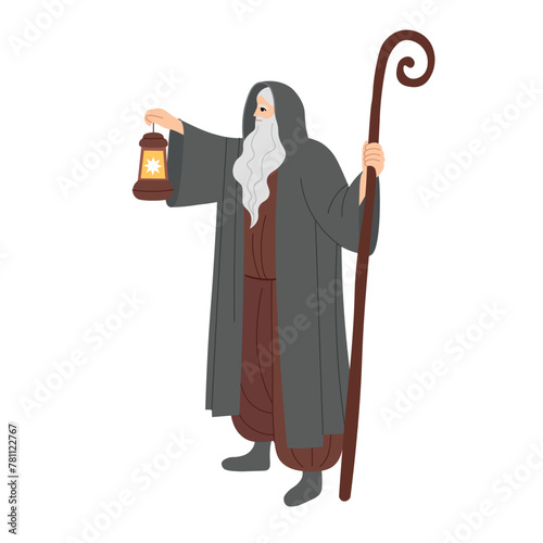 An old man with a staff and a lamp. Major Arcana tarot card design. Hand drawn cartoon. THE HERMIT.