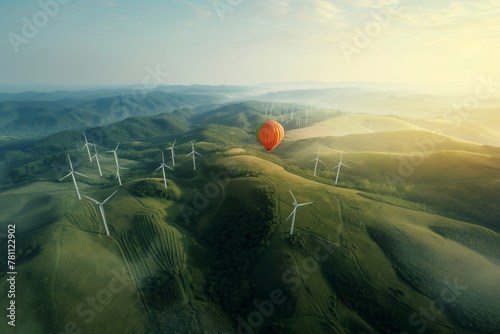 A scenic view of rolling green hills with a line of wind turbines and a single red hot air balloon floating above.