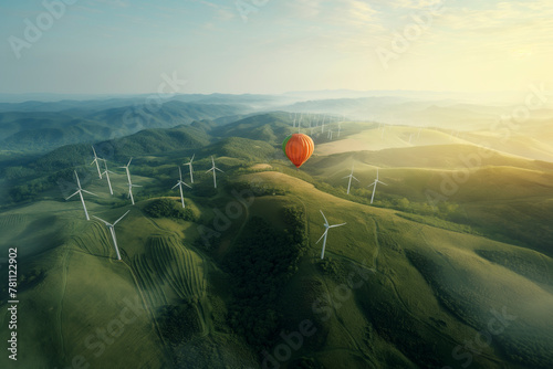 A scenic view of rolling green hills with a line of wind turbines and a single red hot air balloon floating above.