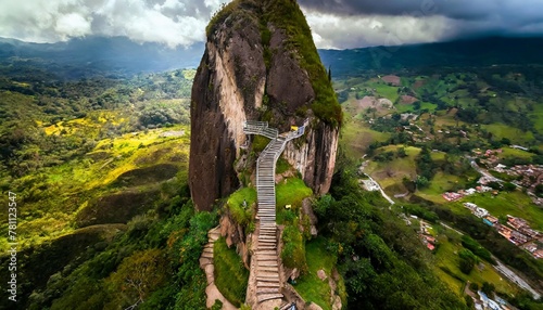 aerial view of piedra del penol touristic attraction a huge rock with steps to the top near guatape town antioquia colombia