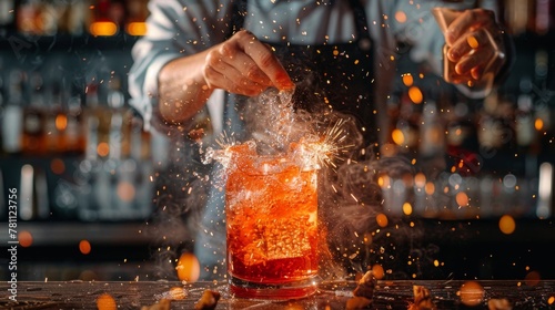A bartender is pouring a drink into a glass with a blue flame photo
