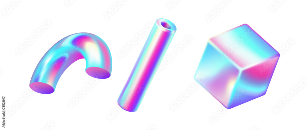Shiny iridescent geometric shapes realistic vector illustration set. Holographic metal figures design. Futuristic 3d objects on white background Shiny iridescent geometric shapes realistic vector illustration set. Holographic metal figures design. Futuristic 3d objects on white background