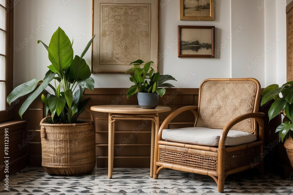 Elegantes Wohnzimmer mit Rattanstühlen, großblättrigen Zimmerpflanzen und kunstvollen Wandbildern in natürlichem Licht Elegantes Wohnzimmer mit Rattanstühlen, großblättrigen Zimmerpflanzen und kunstvollen Wandbildern in natürlichem Licht