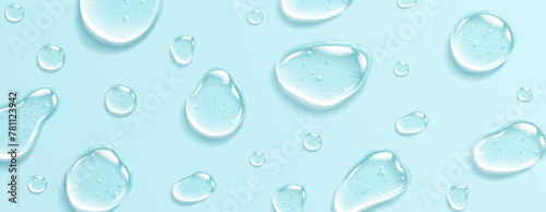 Collagen gel with bubbles drops realistic vector illustration pattern. Anti aging moisturizing skincare product 3d objects on blue background