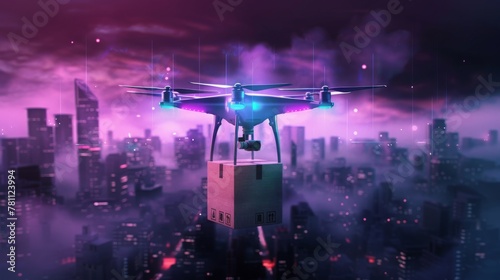 Delivery drone attached box parcel flight above city, fast secure air delivery via drone neon lighting, air robot delivering brown post package, cargo drone copter automatic delivery,