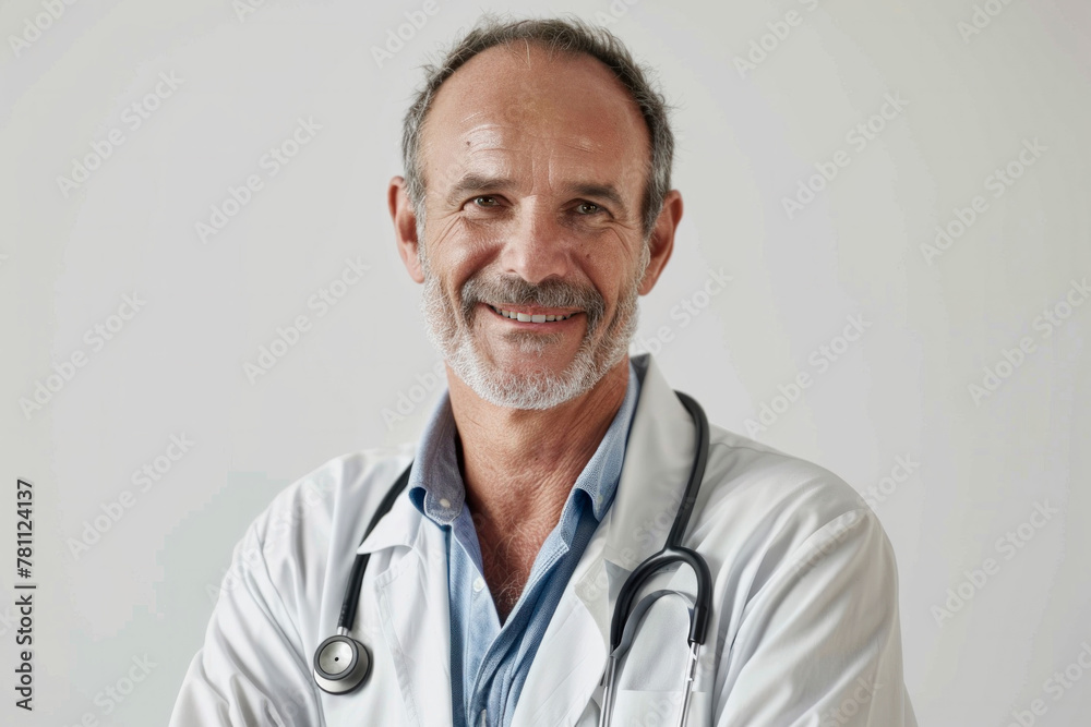 Smiling Male Doctor in a White Coat With a Stethoscope Against a Plain Background Smiling Male Doctor in a White Coat With a Stethoscope Against a Plain Background