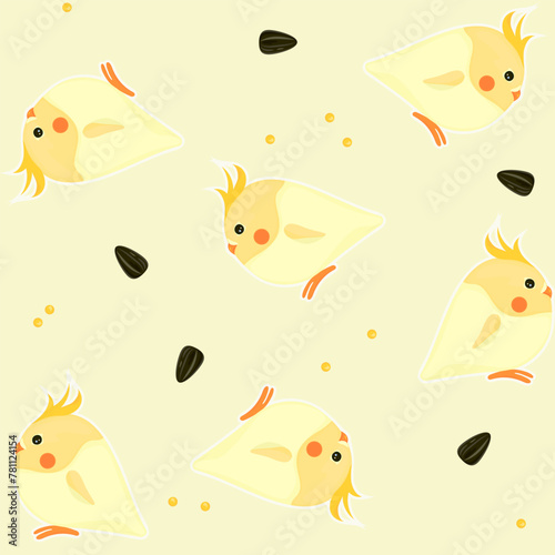 Pattern with cute cartoon yellow parrots surrounded by millet and sunflower seeds on a light yellow background. Pattern with cockatiels