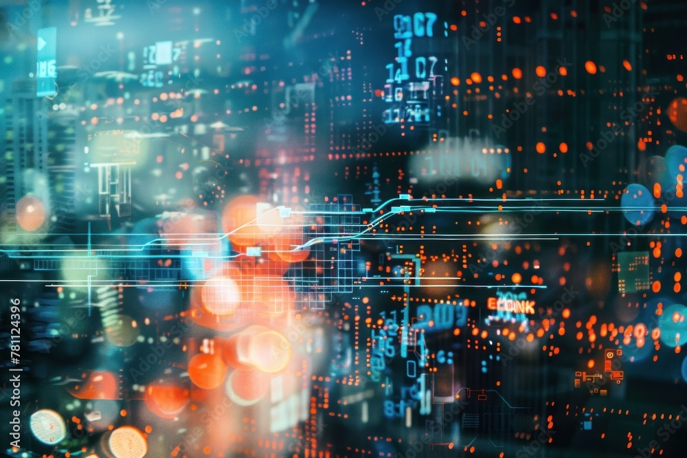 Obraz premium Digital background featuring data visualizations and graphs overlaying blurry city lights at night