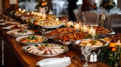 sumptuously set buffet with a variety of hot and cold dishes of foods arranged on a long table   wedding   Conference or gathering in a hotel  blur background