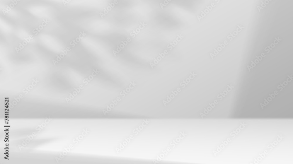 Empty showroom and leaves shadows realistic vector illustration. Light studio for products demonstration 3d backdrop black and white Empty showroom and leaves shadows realistic vector illustration. Light studio for products demonstration 3d backdrop black and white