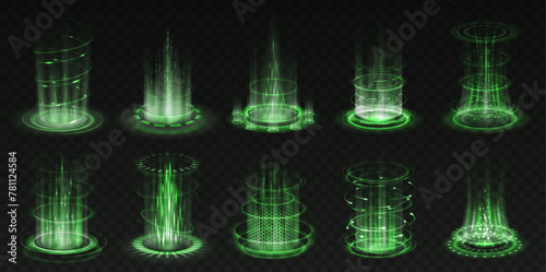 Portals with green light flashes realistic vector illustration set. Magical power and science 3d elements on black background. Level up template