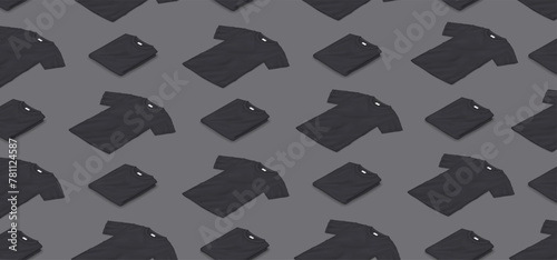Mockup black blank t-shirts isometric illustration pattern on isolated background. Casual clothes with brand design template 3d objects on grey background
