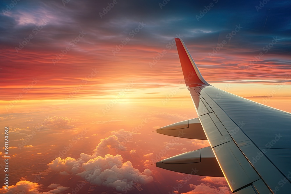 Obraz premium View from the plane on the planes wing and amazing sunset sky. Ai Generative