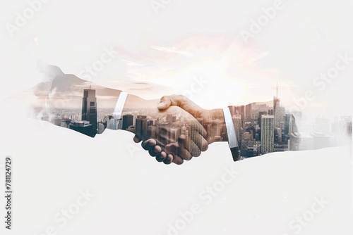 Double exposure of a business handshake and cityscape