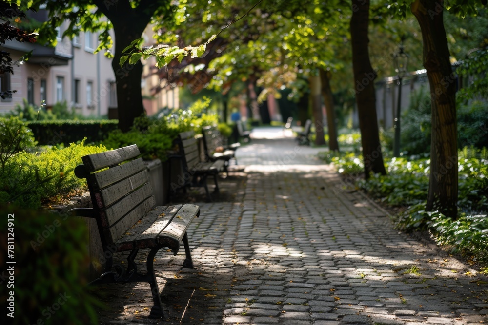 A park with a path lined with trees and benches A park with a path lined with trees and benches
