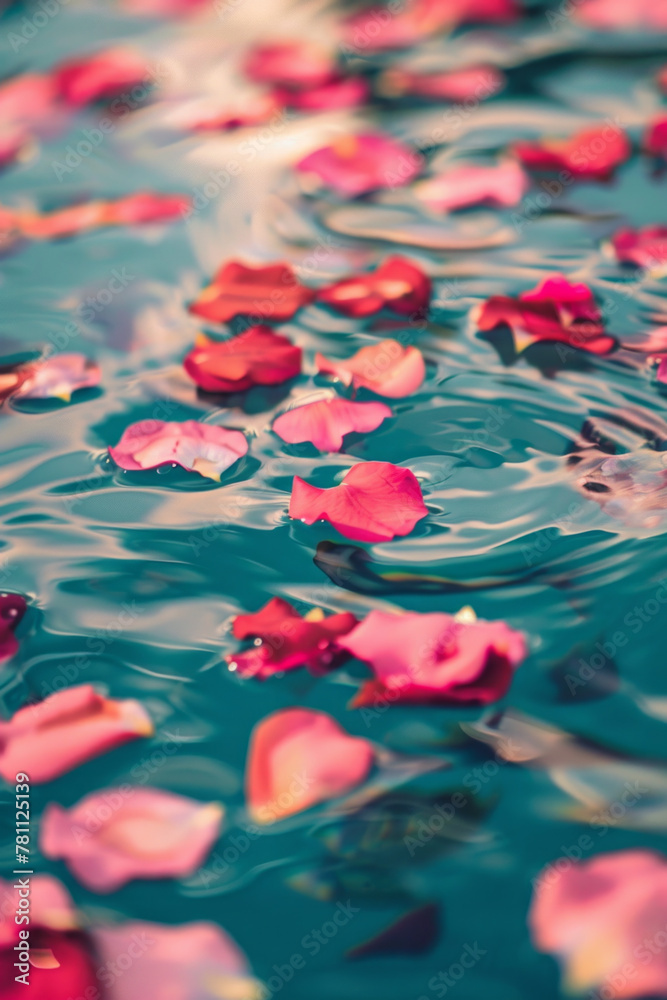 Colorful flower petals on water's surface Colorful flower petals on water's surface