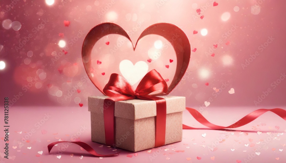 empty surprise open gift box with red ribbon and heart on pink background party shopping poster valentine s day mothers day birthday and christmas concept greeting card romantic 3d rendering