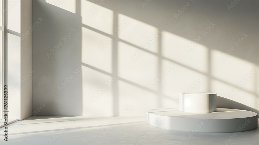 Fototapeta premium Podium Wall Art Mockup, simple wall, light and shadow blurry background, 3d render