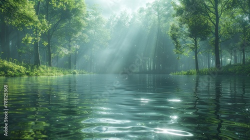 Lake in the forest on a clear summer day. Specular reflection in the water. Green foliage of trees. Coast. Blue sky with white clouds on a sunny day.