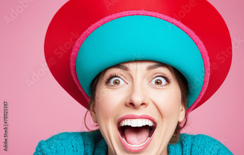 Portrait of a woman with a goofy expression on her face and wearing a silly hat